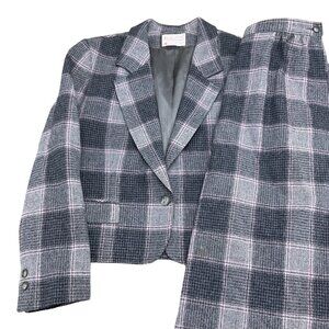 Pendleton Skirt Suit Women‎ 10P Pink Gray Windowpane Plaid Virgin Wool 2pc VTG